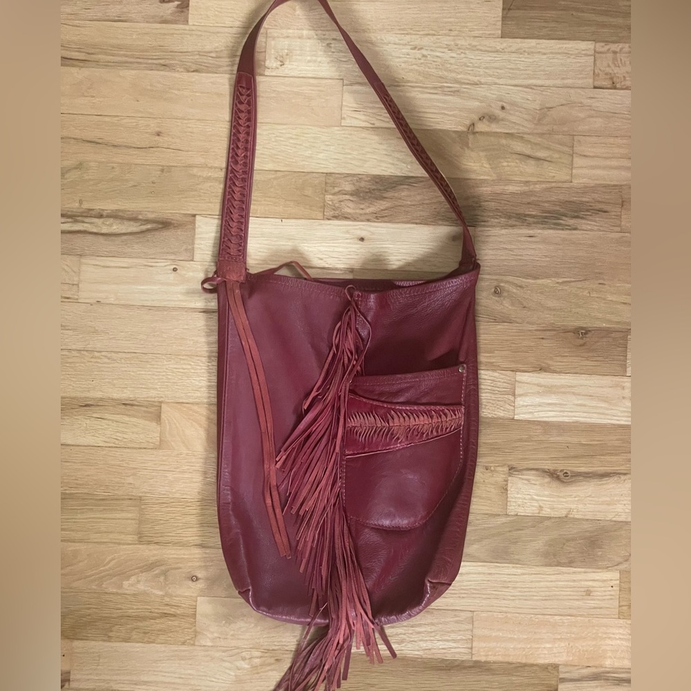 Bask Leather Goods Red Fringe Hobo Bag